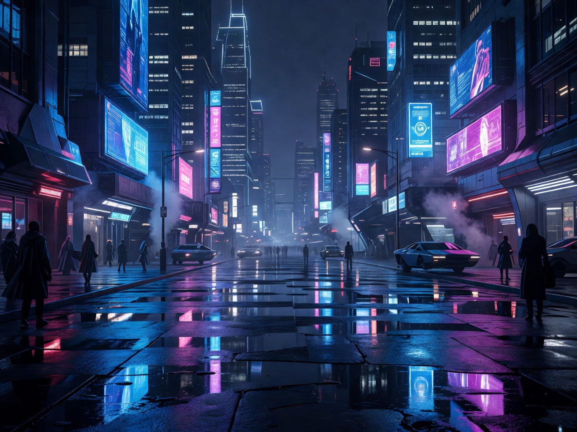 Cyberpunk neon city streets reflecting electric blue and magenta lights in wet pavement