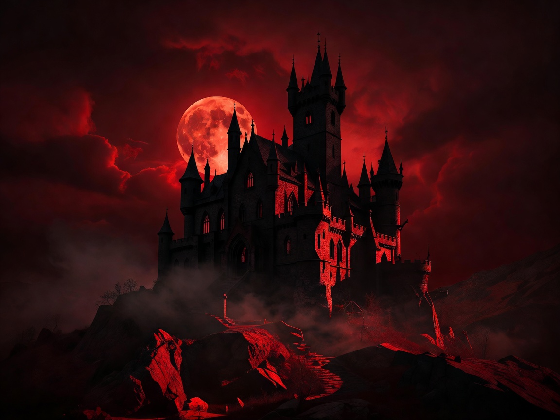 Dark gothic castle silhouette against a blood red moonlit sky