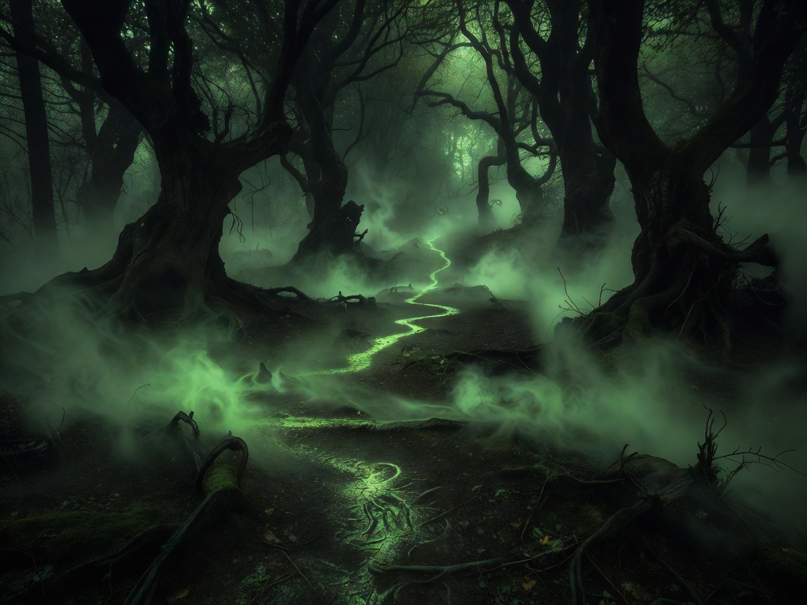 Dark shadowy forest with toxic green mist hiding mysterious creature paths