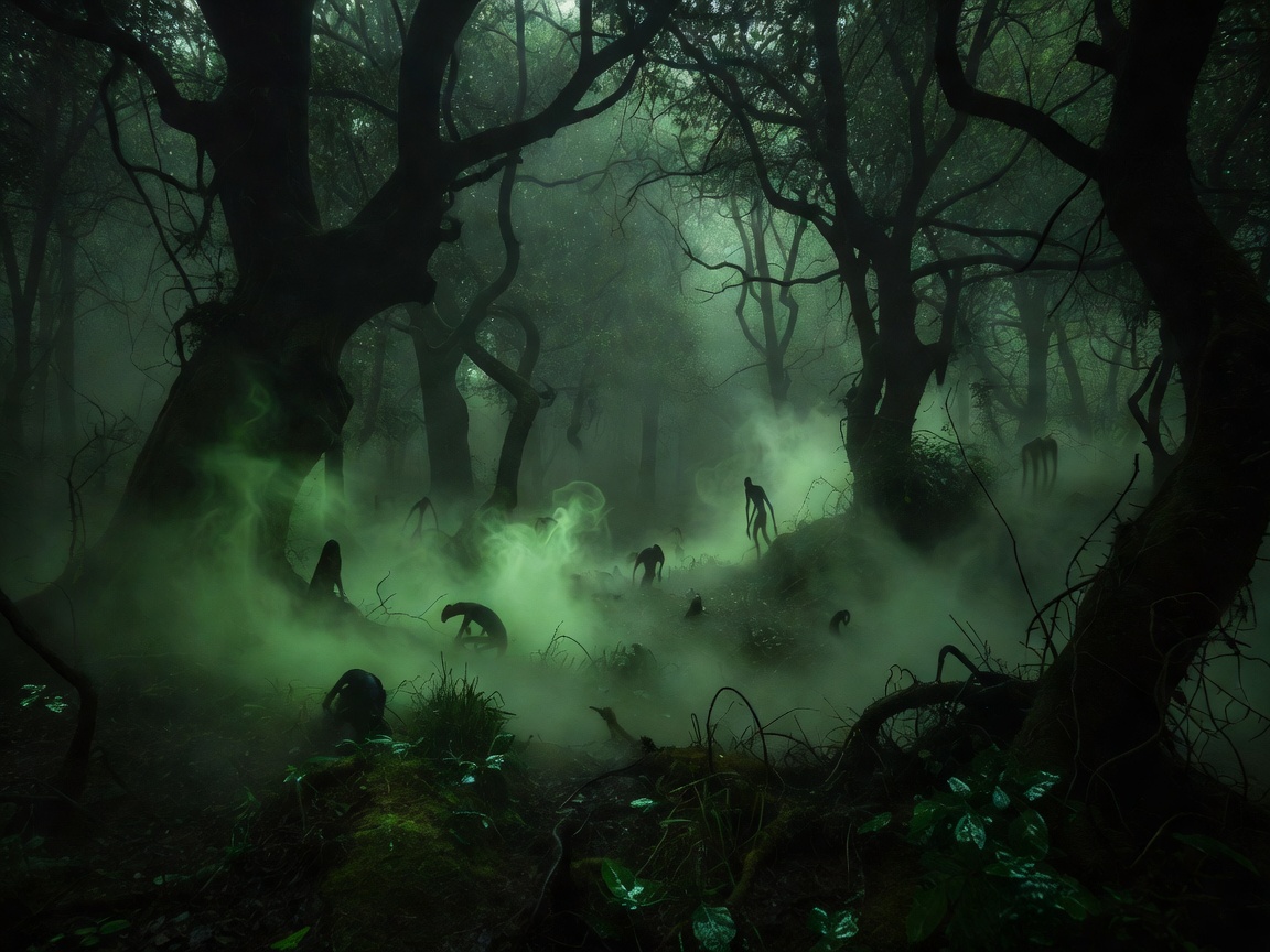 Mysterious dark forest covered in toxic green fog and creature silhouettes