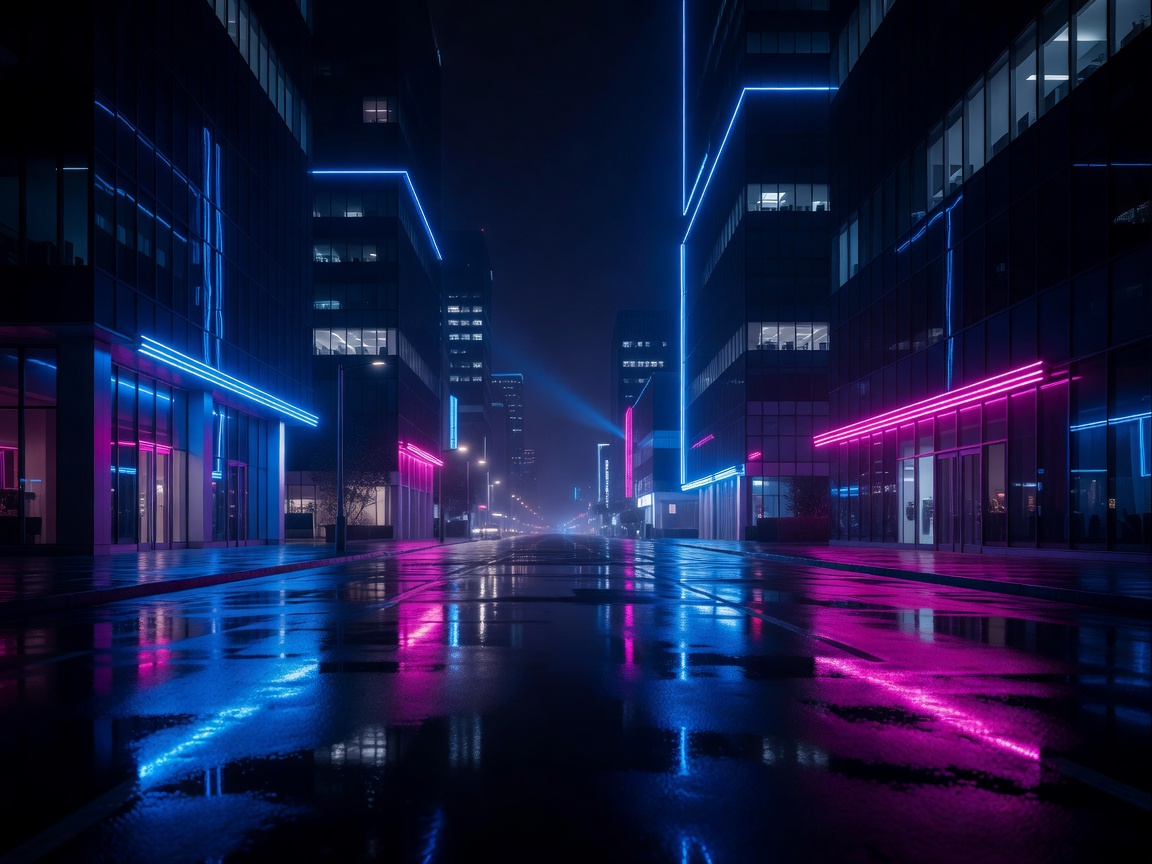 Neon lit modern city street at midnight with electric blue and magenta reflections